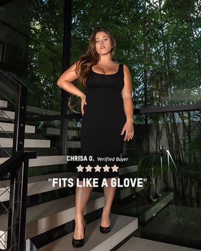Chrisa O., a verified buyer, says that SHEER's little black dress %22fits like a glove%22 and gives it 5 stars